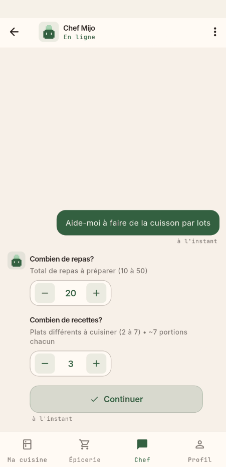 Configuration de la cuisine en lot avec le chef Mijo — choix du nombre de repas et de recettes à préparer pour le congélateur