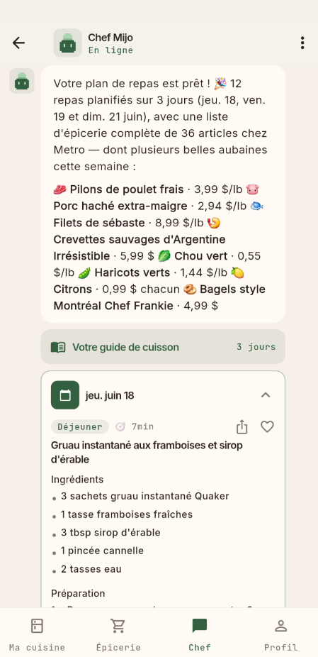 Conversation avec le chef Mijo résumant un plan de repas bâti sur les aubaines de la semaine