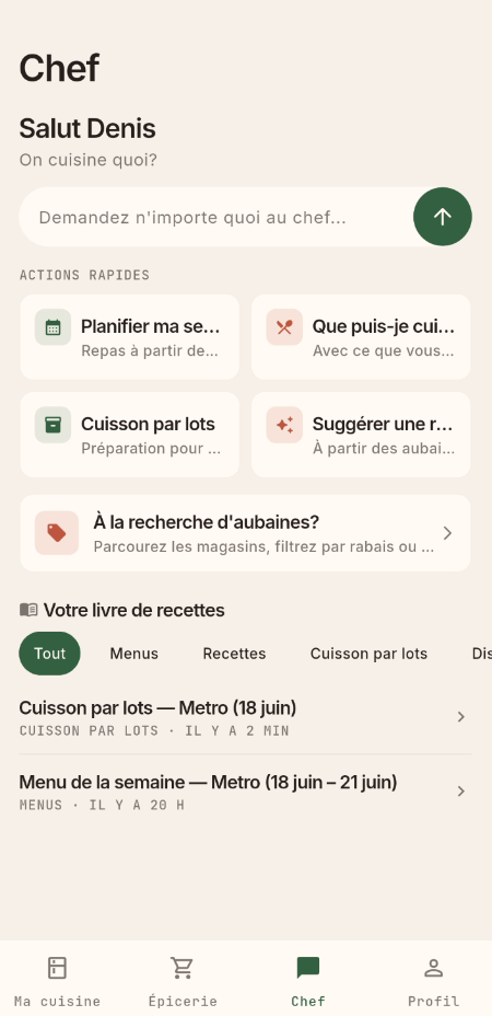 Écran du chef Ecomeals avec actions rapides : planifier ma semaine, cuisine en lot, suggérer une recette