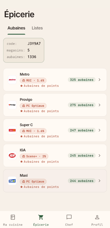 Onglet aubaines listant les épiceries à proximité avec le nombre d'aubaines et les programmes de fidélité