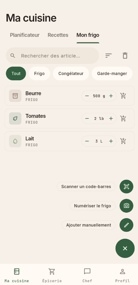 Inventaire Mon frigo listant riz, lait et pain avec quantités, plus les options scanner le frigo et scanner un code-barres