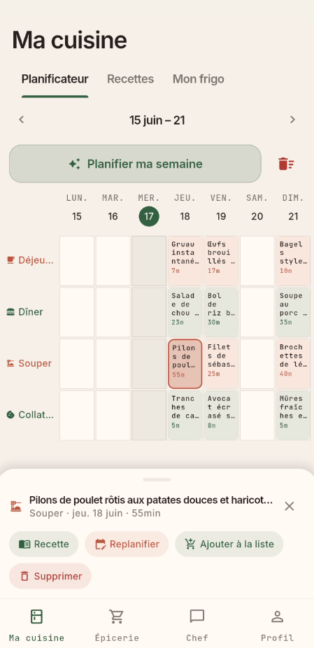 Planificateur de repas hebdomadaire avec déjeuner, dîner, souper et collations planifiés