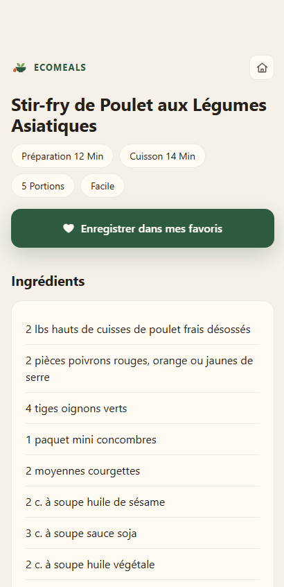 Une recette Ecomeals partagée — titre, valeurs nutritives, bouton enregistrer et ingrédients — ouverte dans un navigateur sans connexion